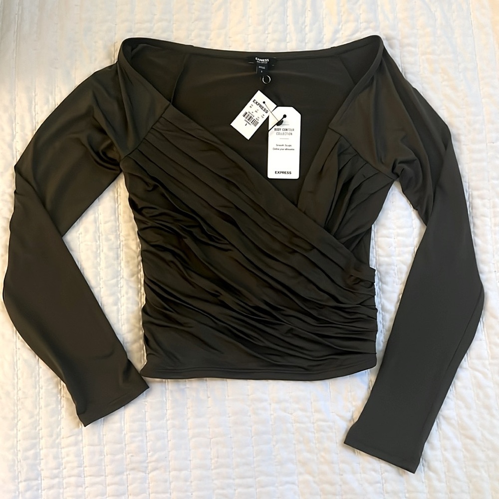 Express Tops Express Body Contour Silky Long Sleeve Wrap Top Color: Green Size S